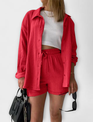 Red two-piece top and shorts set, button shirt with drawstring-waist shorts