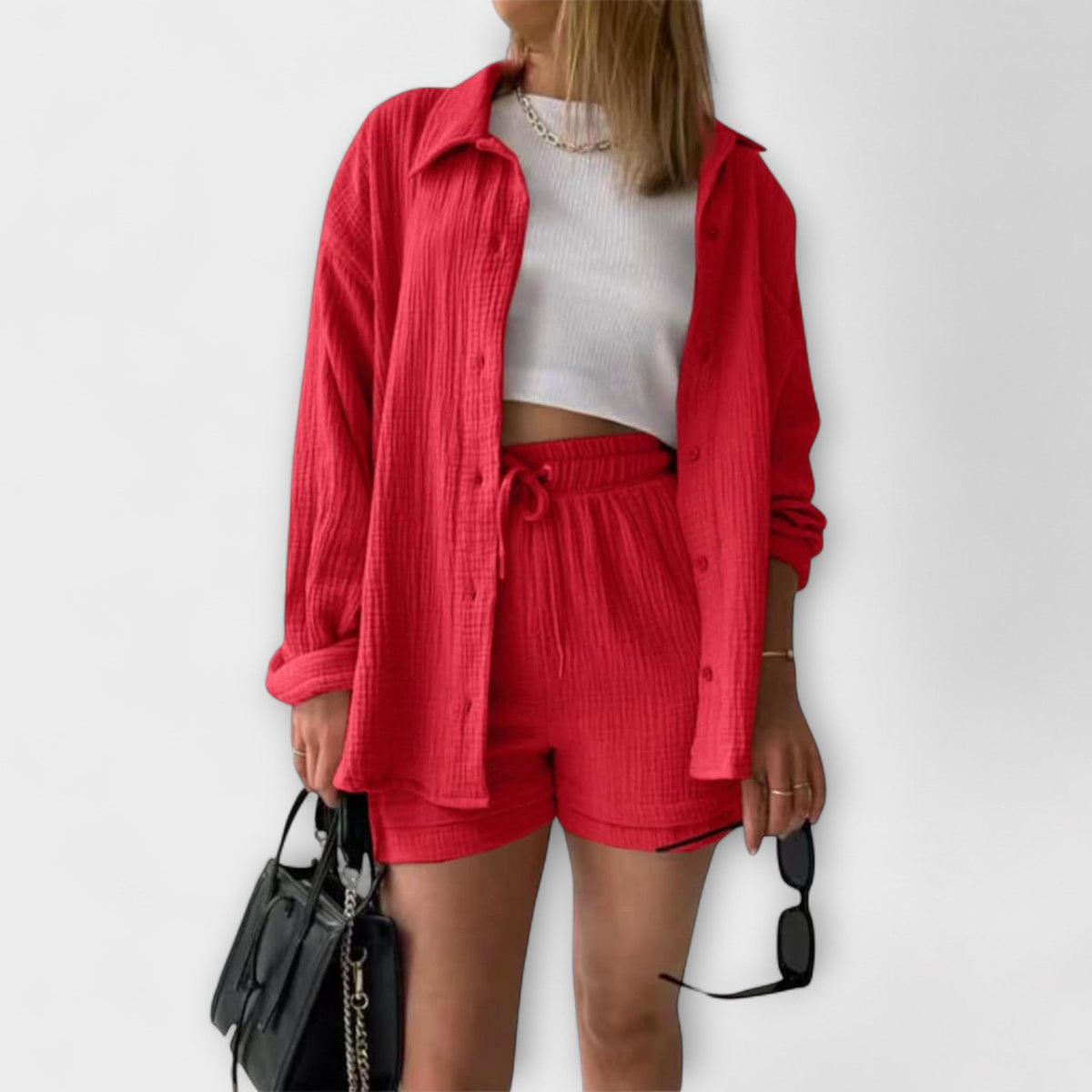 Red two-piece top and shorts set, button shirt with drawstring-waist shorts
