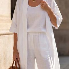 Lorrin™ elegant set in white: open outer over scoop-neck top with gathered waist pants