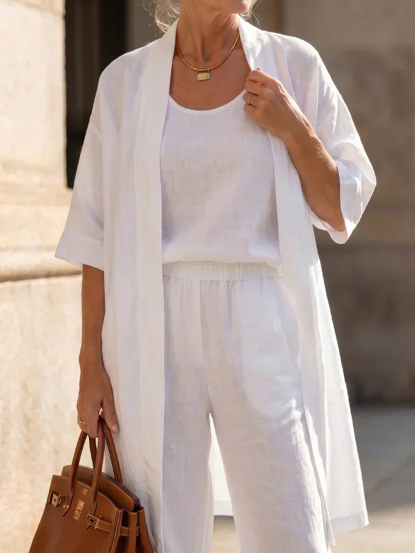 Lorrin™ elegant set in white: open outer over scoop-neck top with gathered waist pants