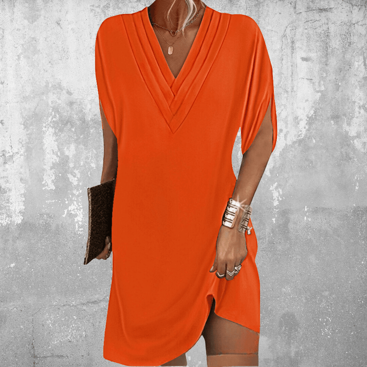 Elegant tummy covering dress, orange, V-neck, short sleeves, draped tunic