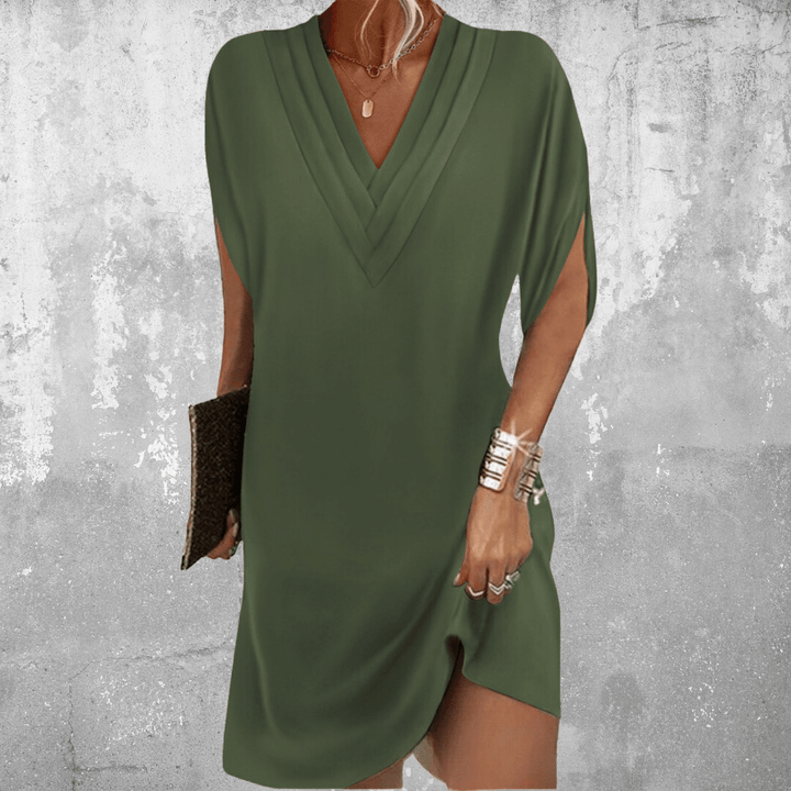Elegant tummy covering dress, military green, V-neck, short sleeves, draped tunic