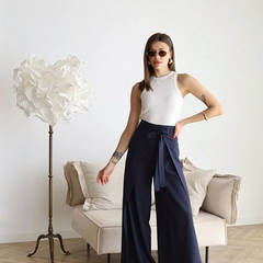 Navy wide-leg trousers with front waist tie and flowing wide legs