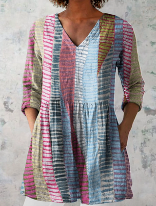 Multicolor vertical-striped V-neck long blouse, long sleeves