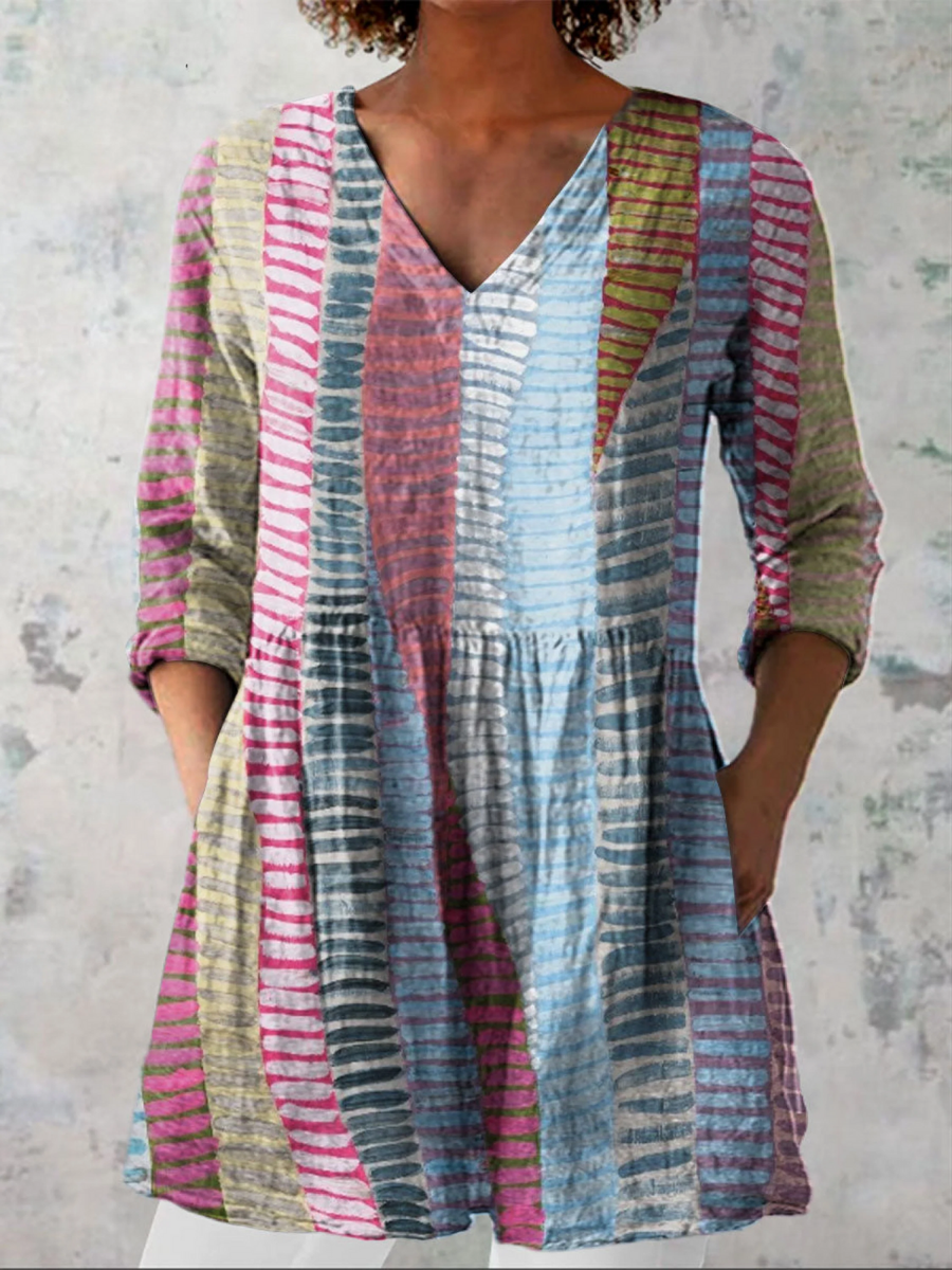 Multicolor vertical-striped V-neck long blouse, long sleeves