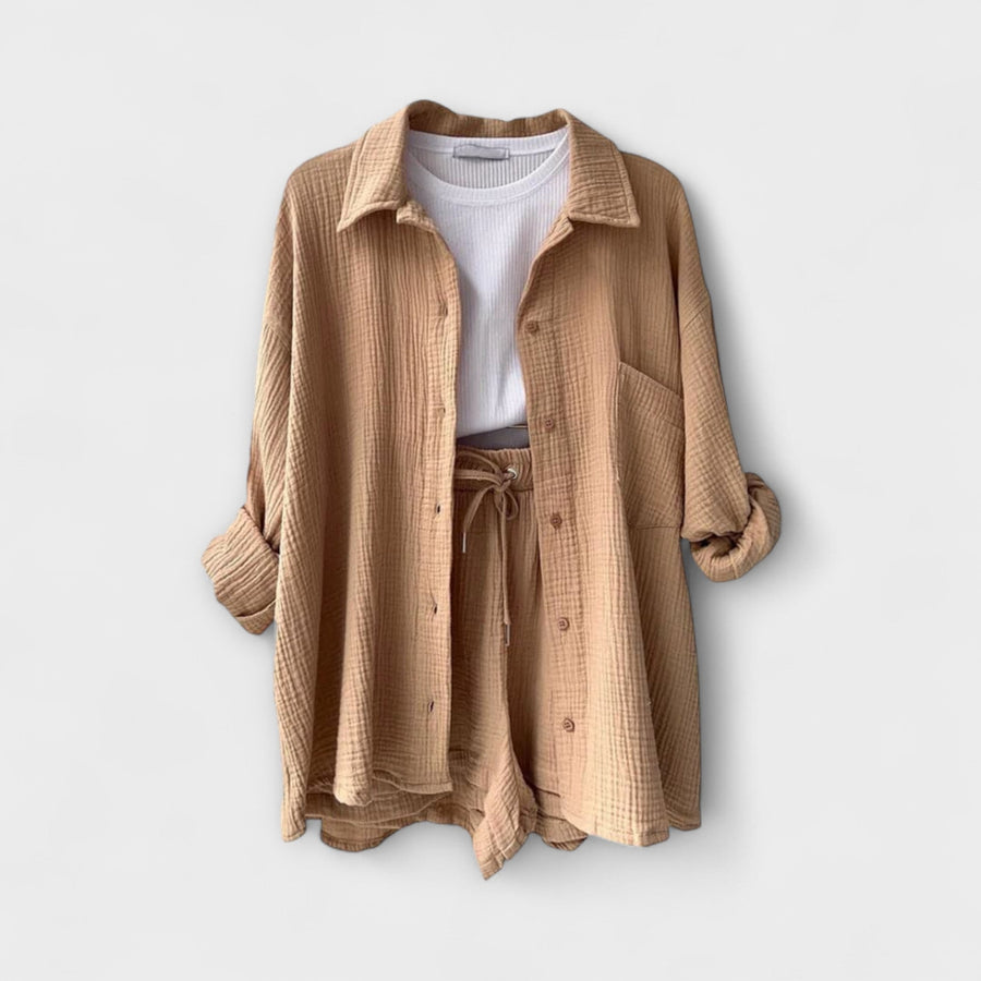 Beige two-piece set, button-front shirt over drawstring-waist shorts