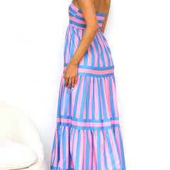 Back view light blue and pink striped tiered maxi dress with spaghetti straps