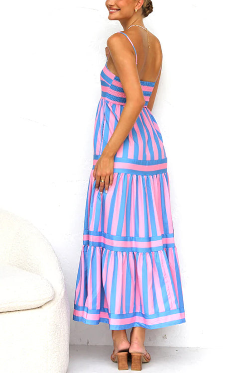 Back view light blue and pink striped tiered maxi dress with spaghetti straps