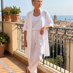 Lorrin™ elegant set in white: breezy short-sleeve outer over matching top and wide-leg pants
