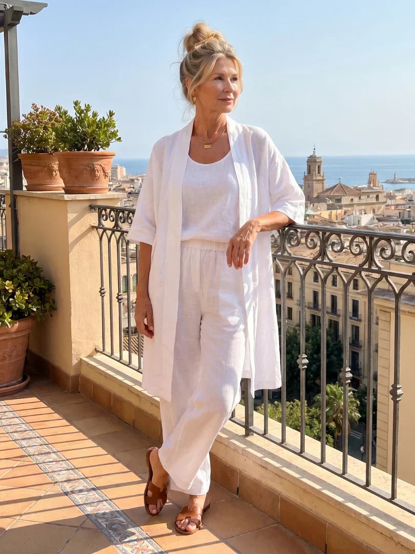 Lorrin™ elegant set in white: breezy short-sleeve outer over matching top and wide-leg pants