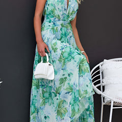 Floral halter midi dress in aqua and teal print with tiered ruffle hem