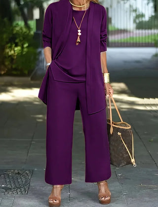 Purple 3-piece lounge set with long tunic, front pocket, and wide-leg pants