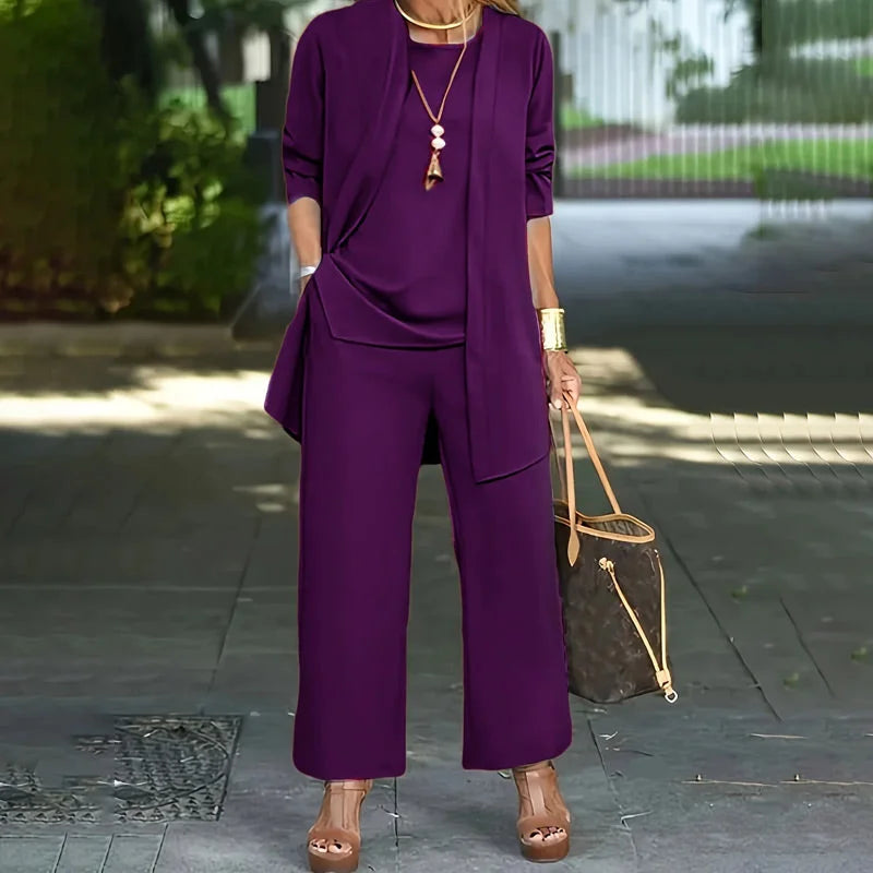 Purple 3-piece lounge set with long tunic, front pocket, and wide-leg pants