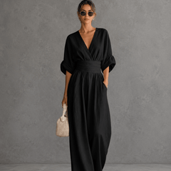 Black V-neck wide-leg jumpsuit with tie waist and loose kimono sleeves