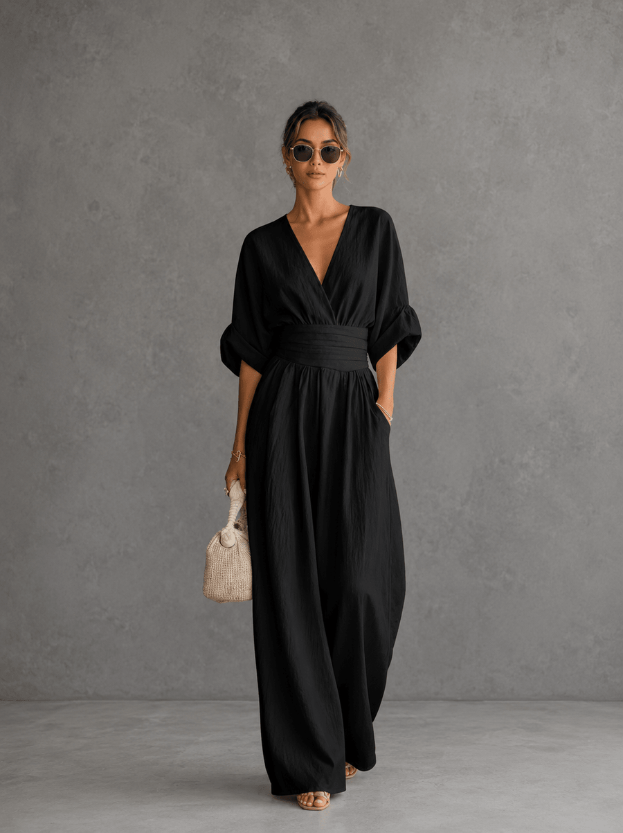 Black V-neck wide-leg jumpsuit with tie waist and loose kimono sleeves