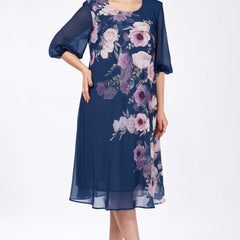 Navy floral midi dress with sheer 3/4 sleeves and round neckline