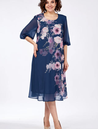 Navy floral midi dress with sheer 3/4 sleeves and round neckline
