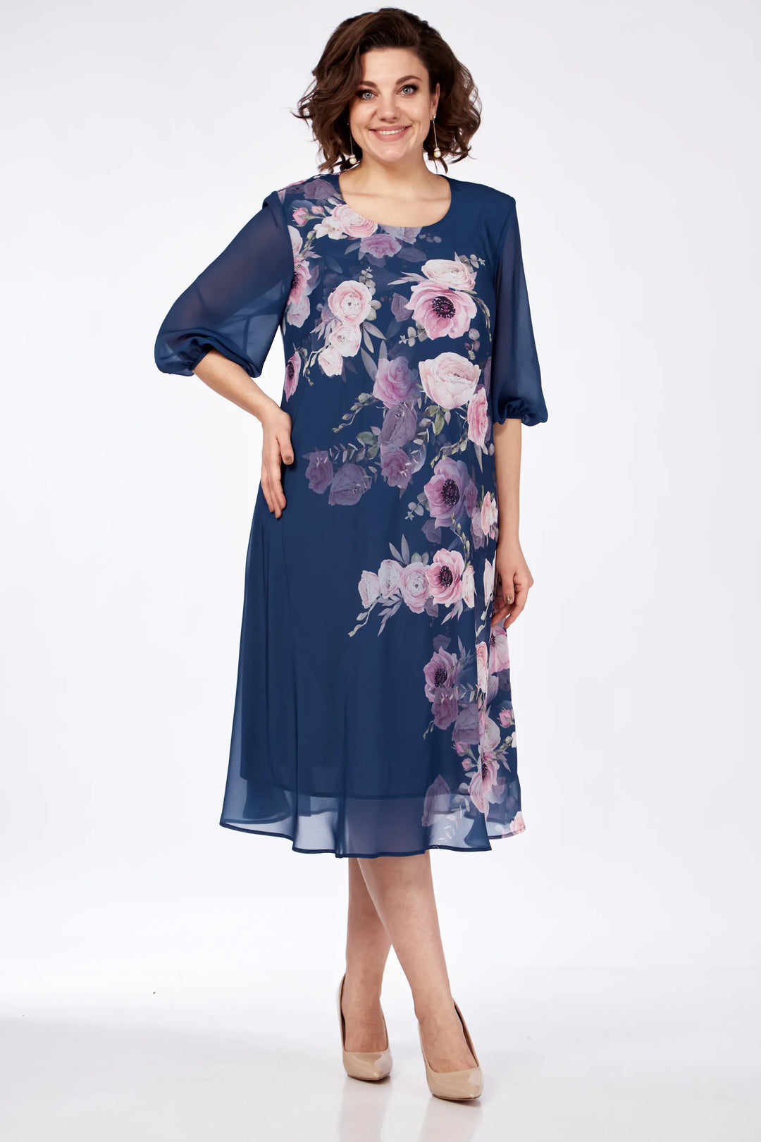 Navy floral midi dress with sheer 3/4 sleeves and round neckline