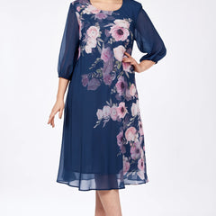 Navy floral midi dress with sheer 3/4 sleeves and round neckline, front pose