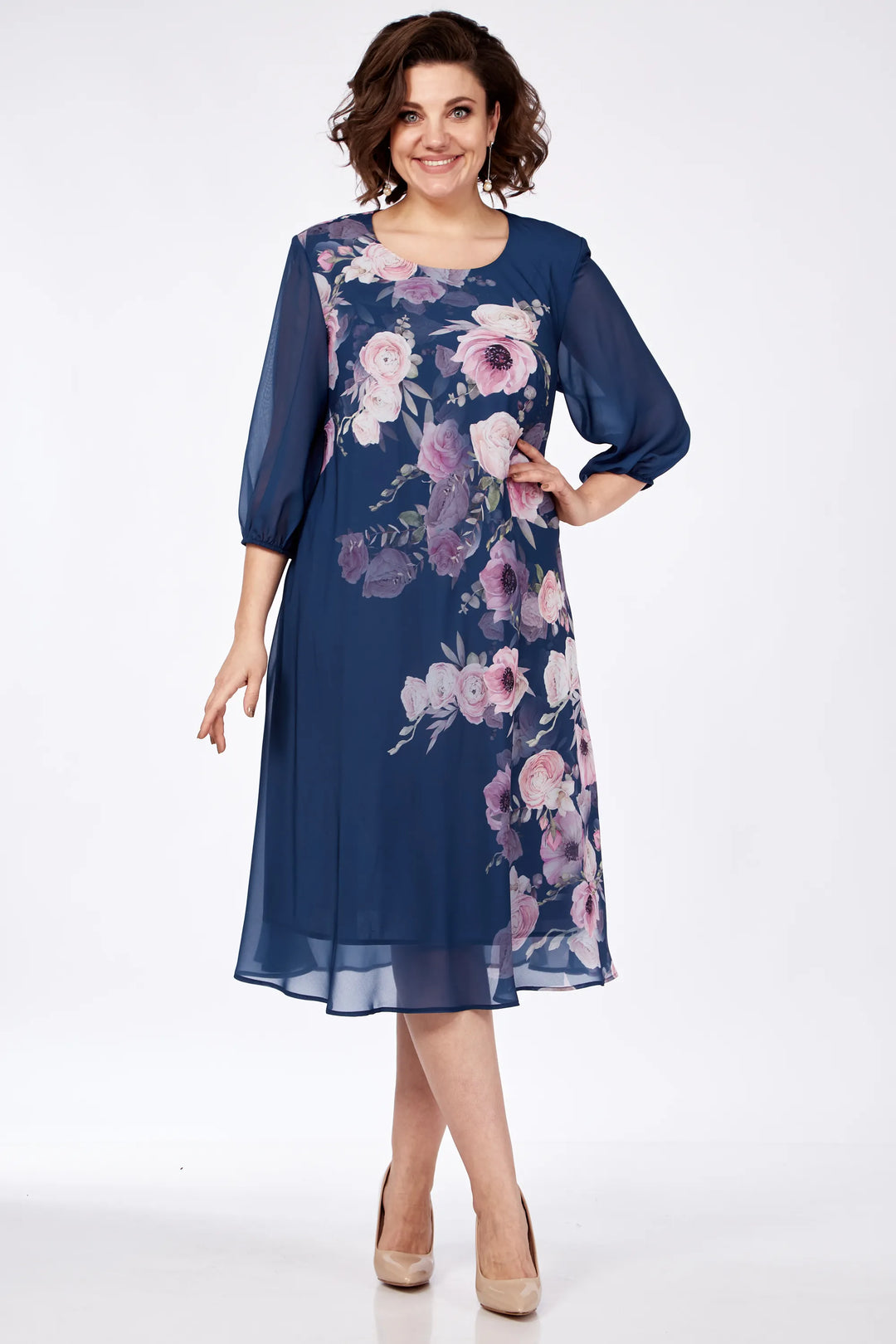 Navy floral midi dress with sheer 3/4 sleeves and round neckline, front pose