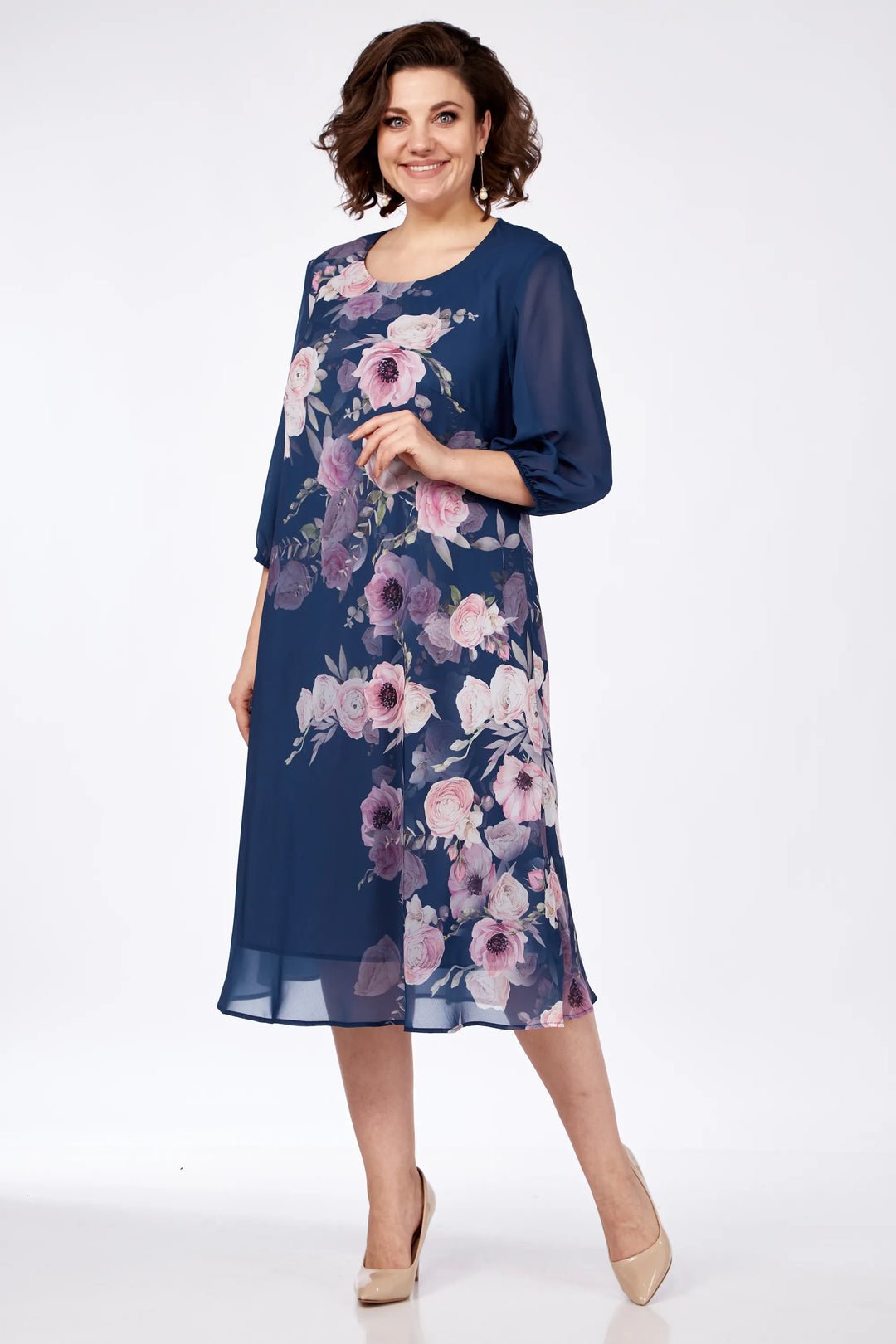 Navy floral midi dress with sheer 3/4 sleeves and round neckline, side view