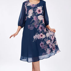 Navy floral midi dress with sheer 3/4 sleeves and flared skirt