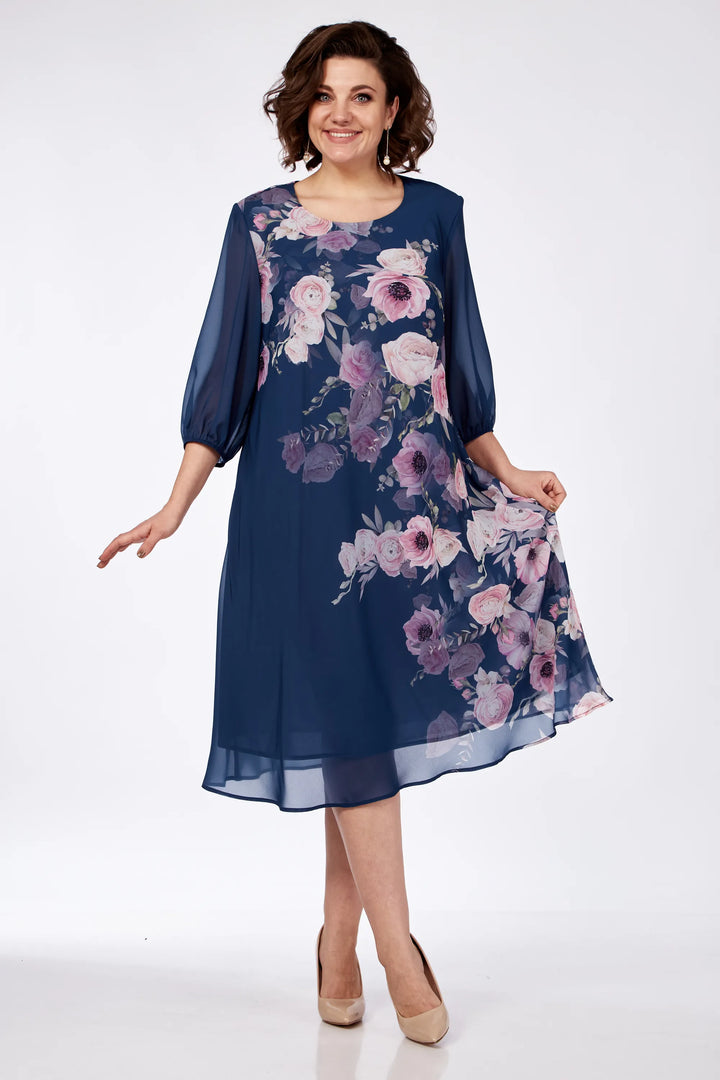 Navy floral midi dress with sheer 3/4 sleeves and flared skirt