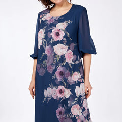 Navy floral midi dress with sheer 3/4 sleeves and round neckline, front view