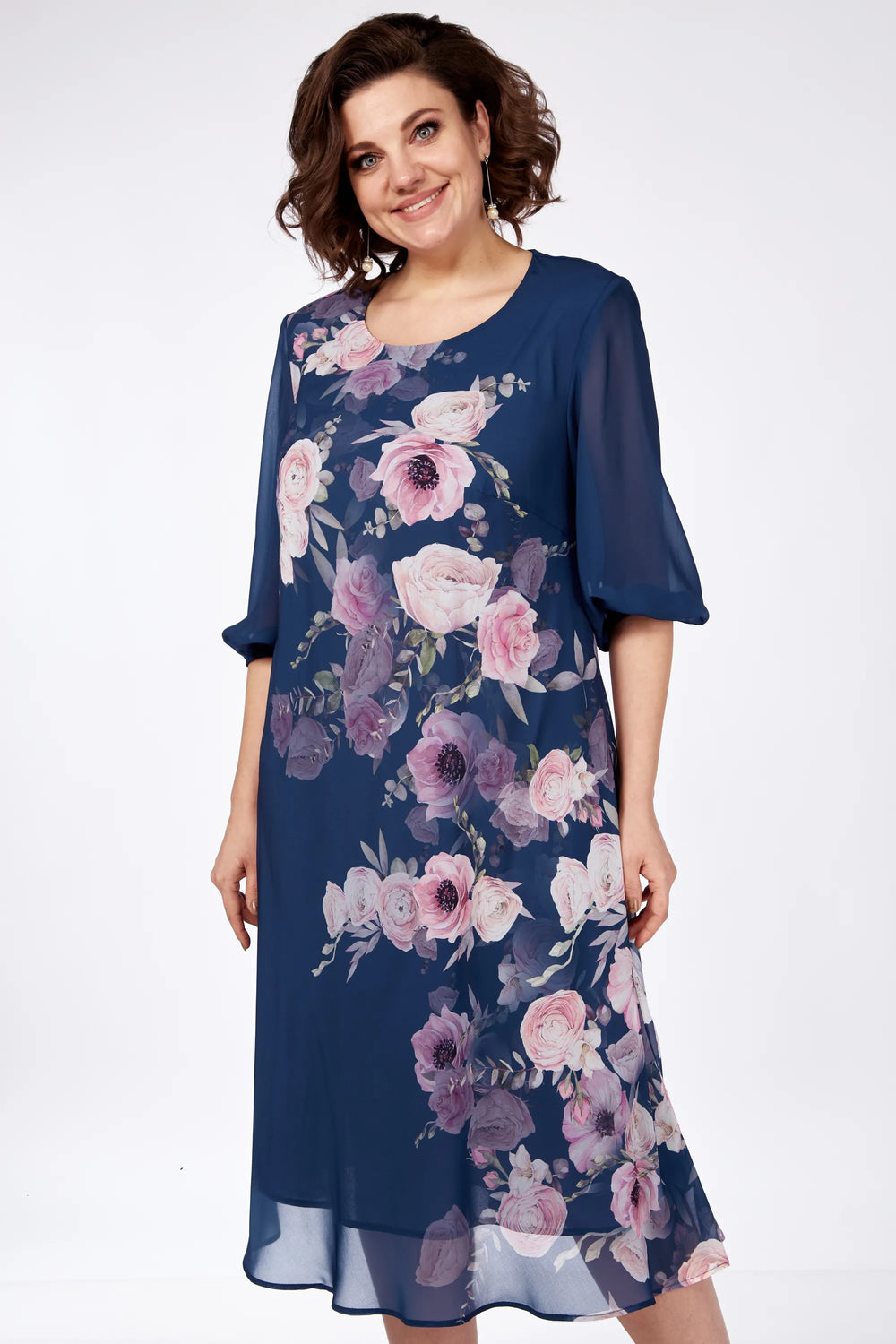 Navy floral midi dress with sheer 3/4 sleeves and round neckline, front view