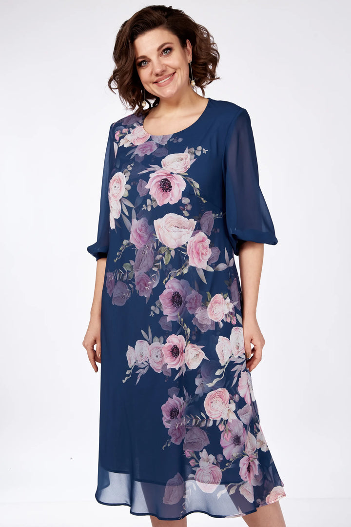 Navy floral midi dress with sheer 3/4 sleeves and round neckline, front view