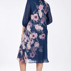 Navy floral midi dress back view with sheer 3/4 sleeves