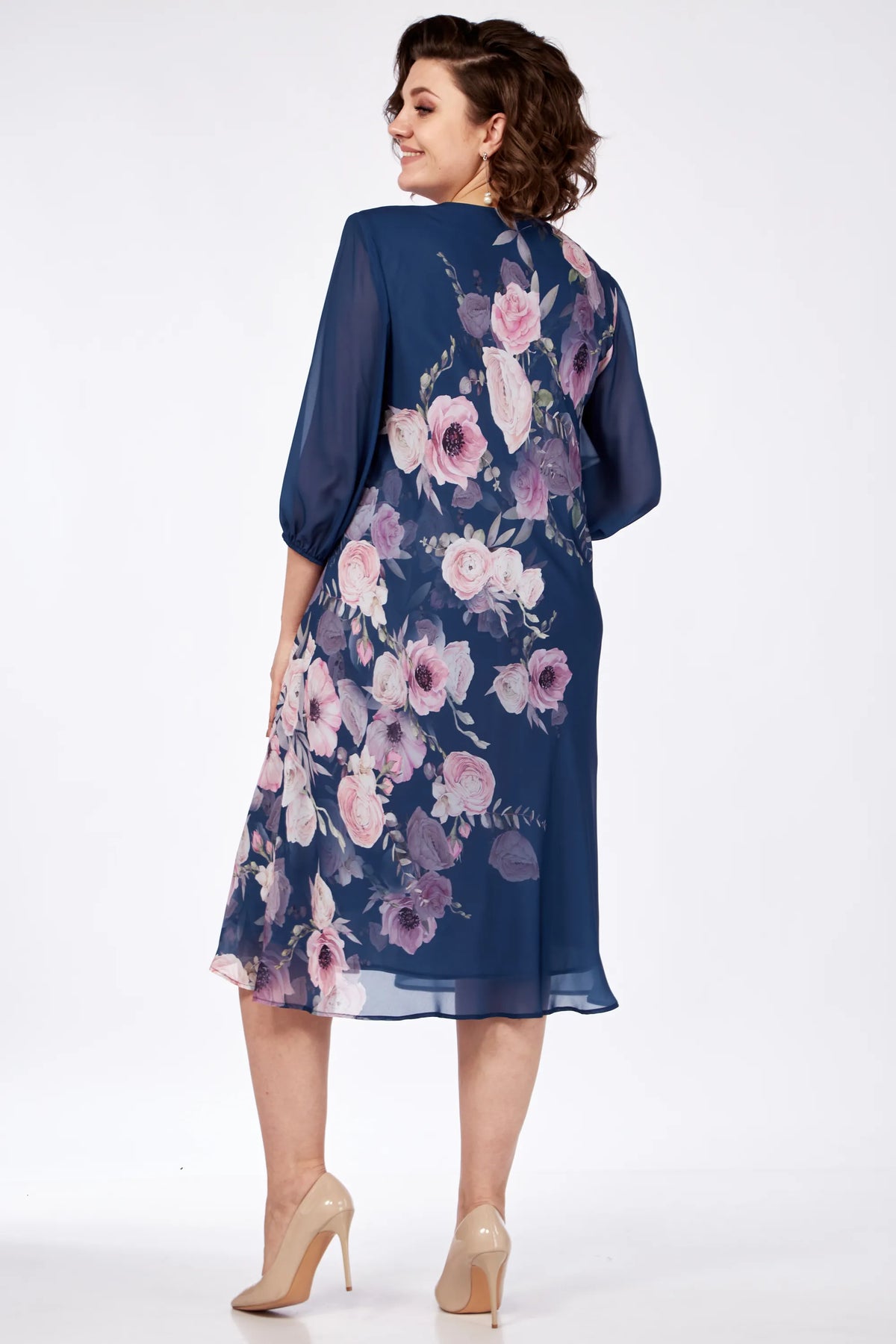 Navy floral midi dress back view with sheer 3/4 sleeves