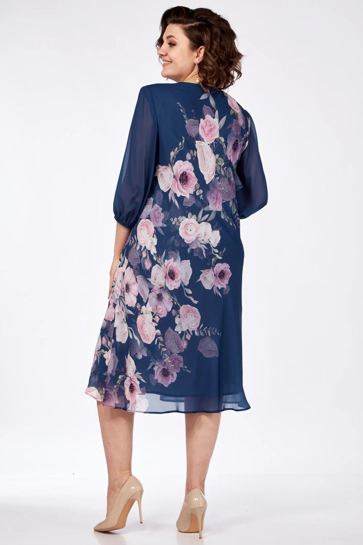 Navy floral midi dress back view with sheer 3/4 sleeves