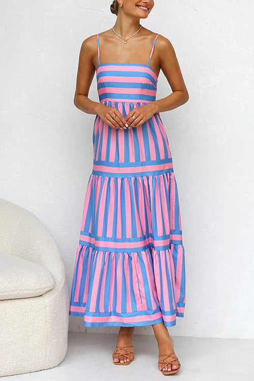 Pink and light blue striped tiered maxi dress with spaghetti straps