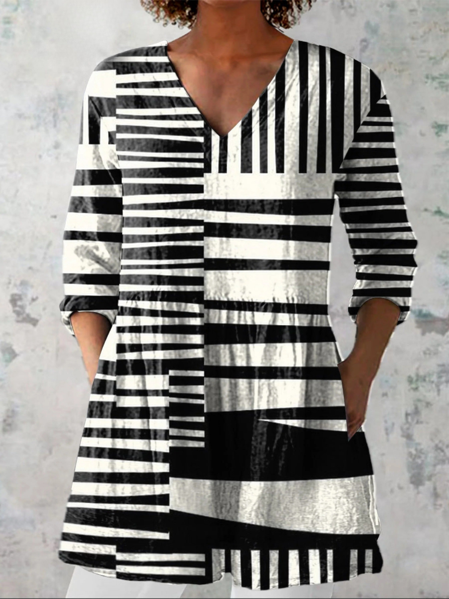 Black and white striped long-sleeve blouse with V-neck