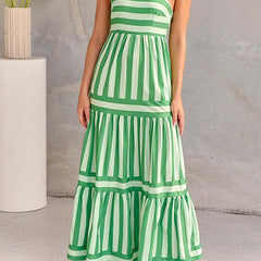 Green striped tiered maxi dress with spaghetti straps and smocked bodice