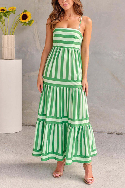 Green striped tiered maxi dress with spaghetti straps and smocked bodice