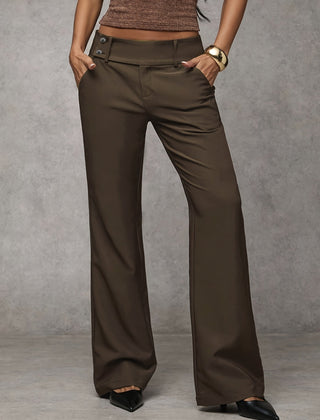 Army green high-rise wide-leg trousers with button closure and belt loops