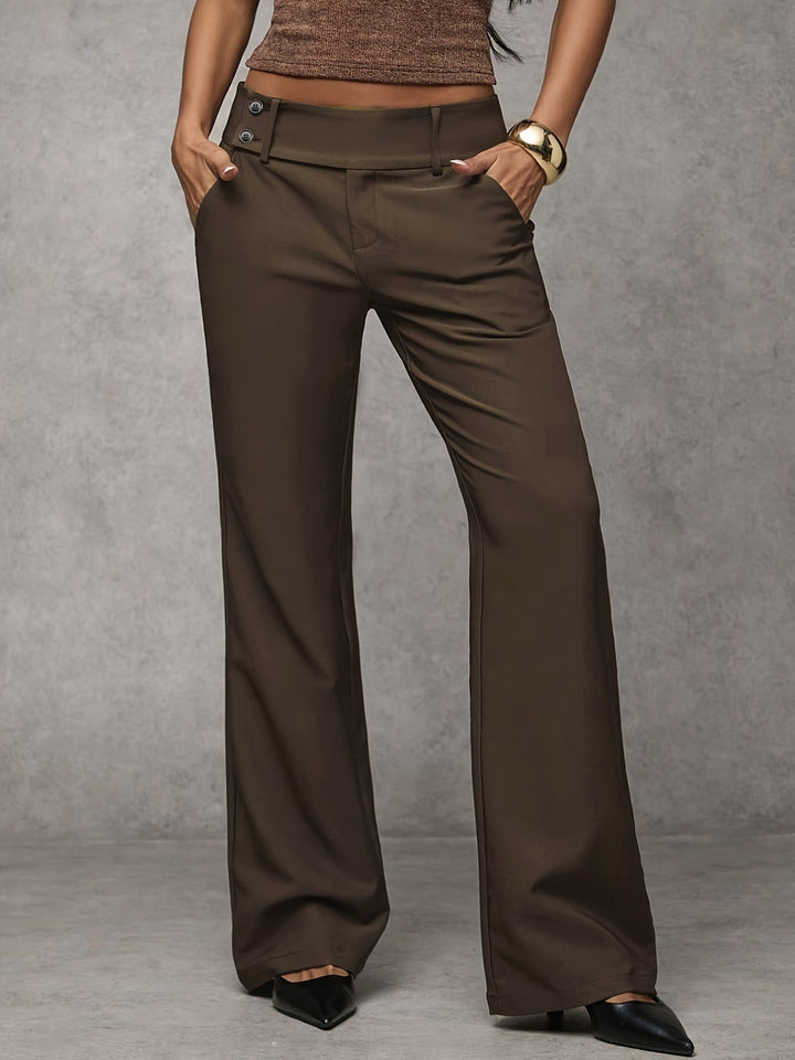 Army green high-rise wide-leg trousers with button closure and belt loops