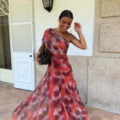 Mira off-shoulder long dress, red and mauve tie-dye print, flared skirt