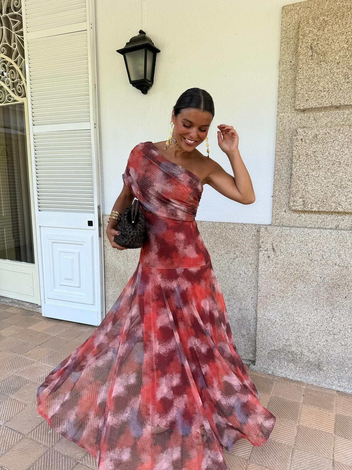 Mira off-shoulder long dress, red and mauve tie-dye print, flared skirt