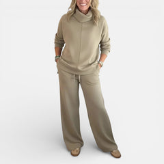Khaki beige two-piece lounge set with hooded pullover and wide-leg pants