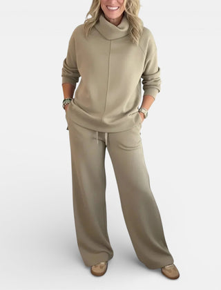 Khaki beige two-piece lounge set with hooded pullover and wide-leg pants