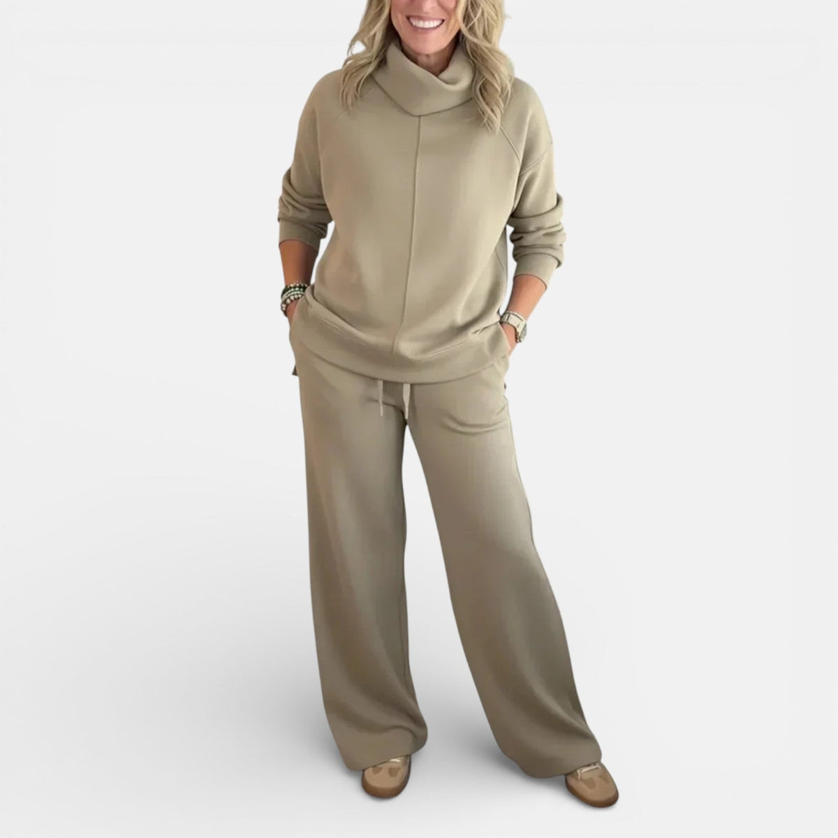 Khaki beige two-piece lounge set with hooded pullover and wide-leg pants