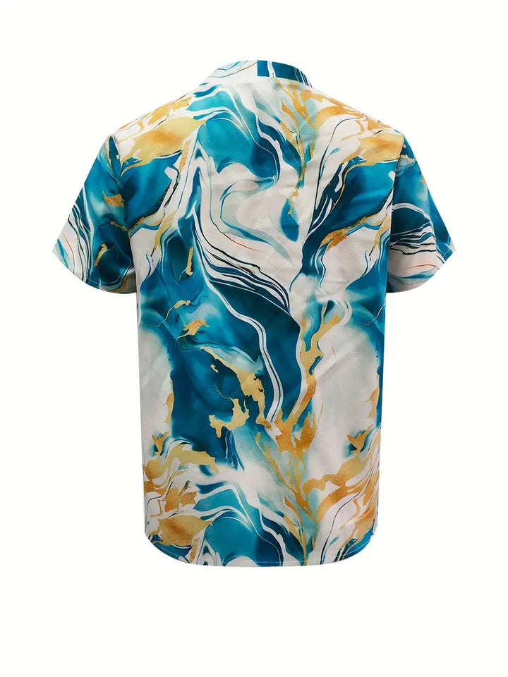 Marble print short-sleeve V-neck shirt, teal blue and cream with gold marbling (back)