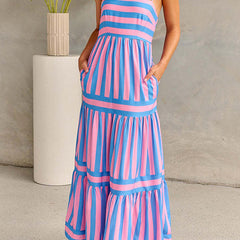 Blue and pink striped tiered maxi dress with spaghetti straps