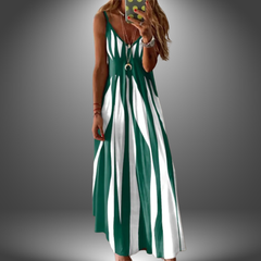 Angela™ handmade long dress, sleeveless V-neck, dark green and white vertical stripe pattern