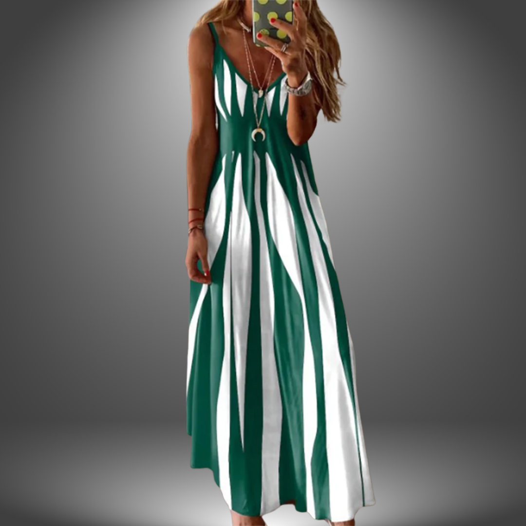 Angela™ handmade long dress, sleeveless V-neck, dark green and white vertical stripe pattern