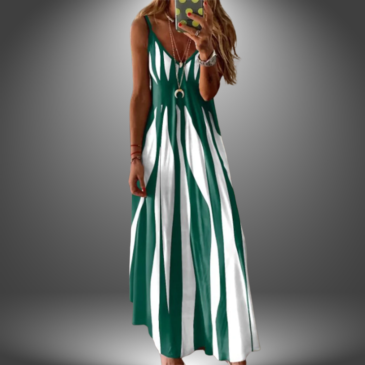 Angela™ handmade long dress, sleeveless V-neck, dark green and white vertical stripe pattern