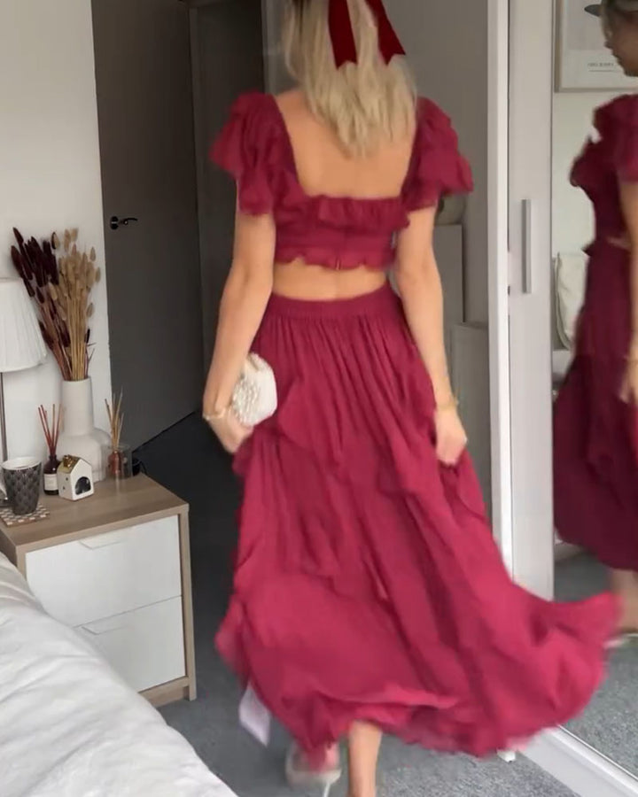 Fuchsia ruffle midi dress with square neckline and a layered skirt